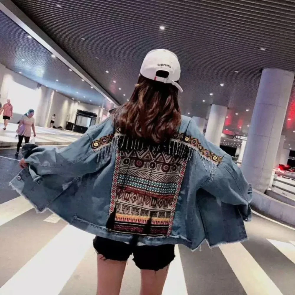 New Bohemian Western Embroidered Oversized Denim Jean Jacket - Picture 6 of 8